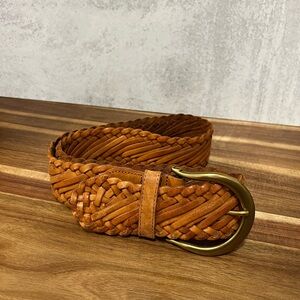 Vintage Wide Woven Tan Brown Leather Belt Braided Solid Brass Buckle